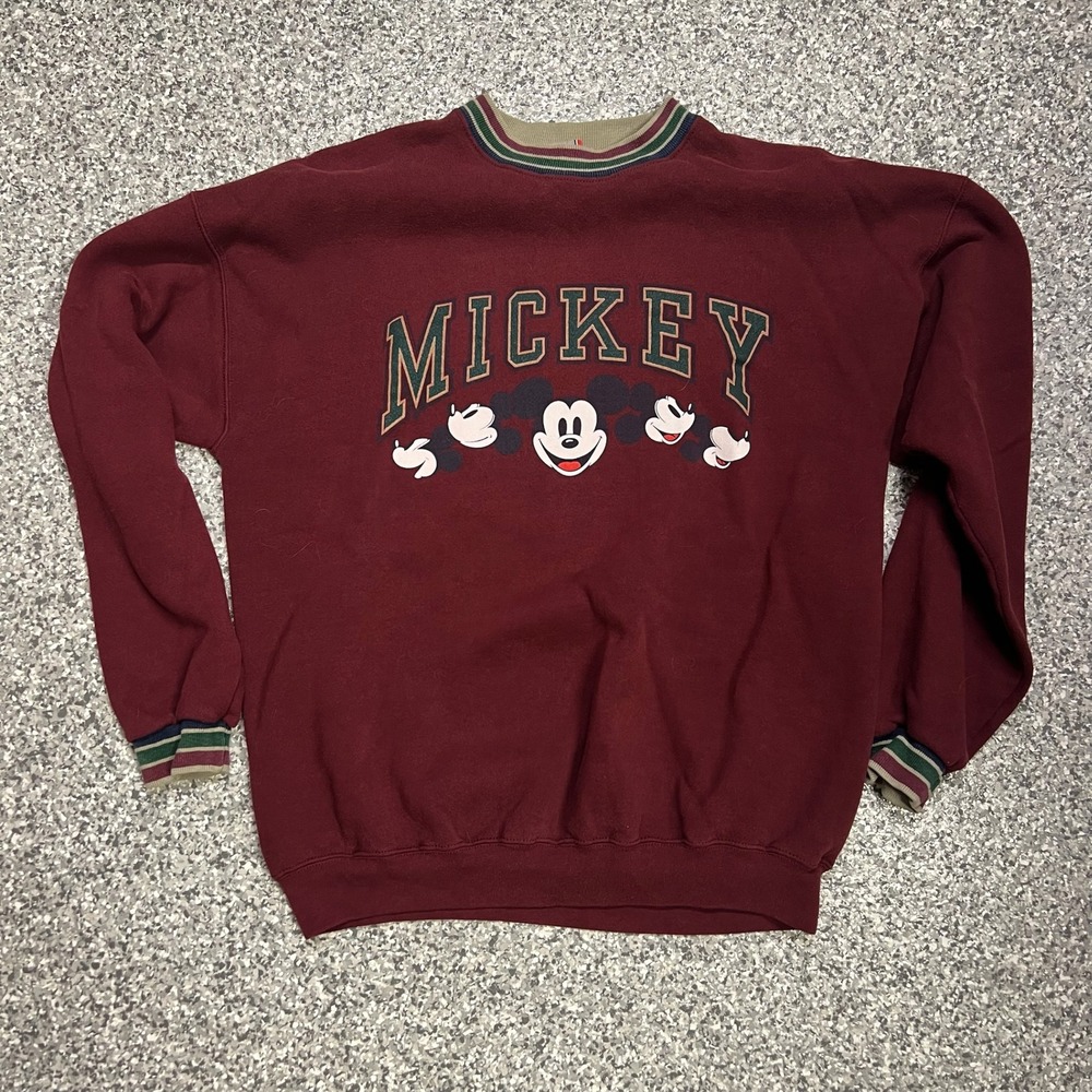 Disney Designs Mickey Mouse Sweatshirt Mens L/XL Maroon Vintage 90s Made in USA‎